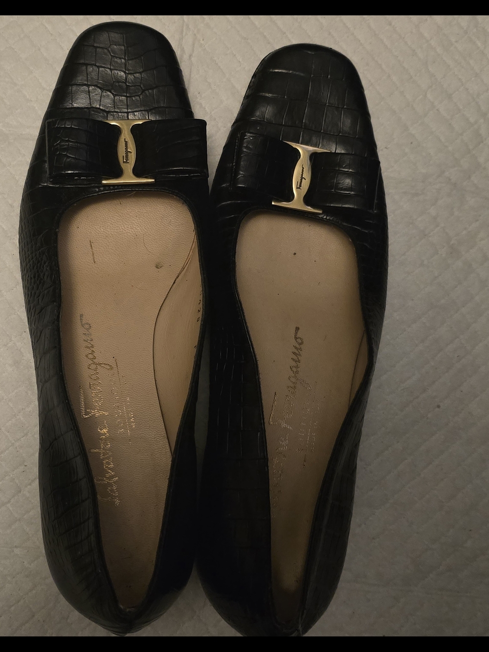 Salvatore Ferragamo Black Croc-Embossed Vara Bow Flats with Gold Accent